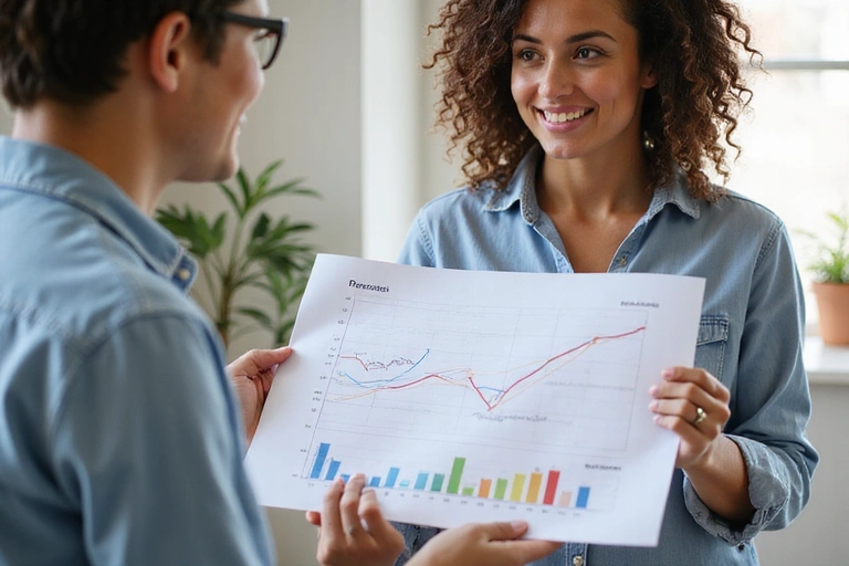 Nutricionista y cliente revisando un plan de progreso en un gráfico, mostrando seguimiento y apoyo.