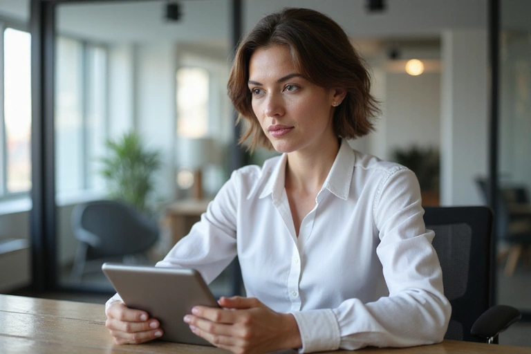 Mujer leyendo los términos de servicio en una tableta con expresión pensativa.