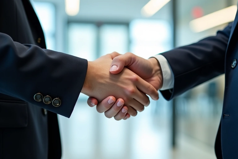 Un apretón de manos entre dos personas en un entorno de oficina moderno, simbolizando acuerdo y colaboración.